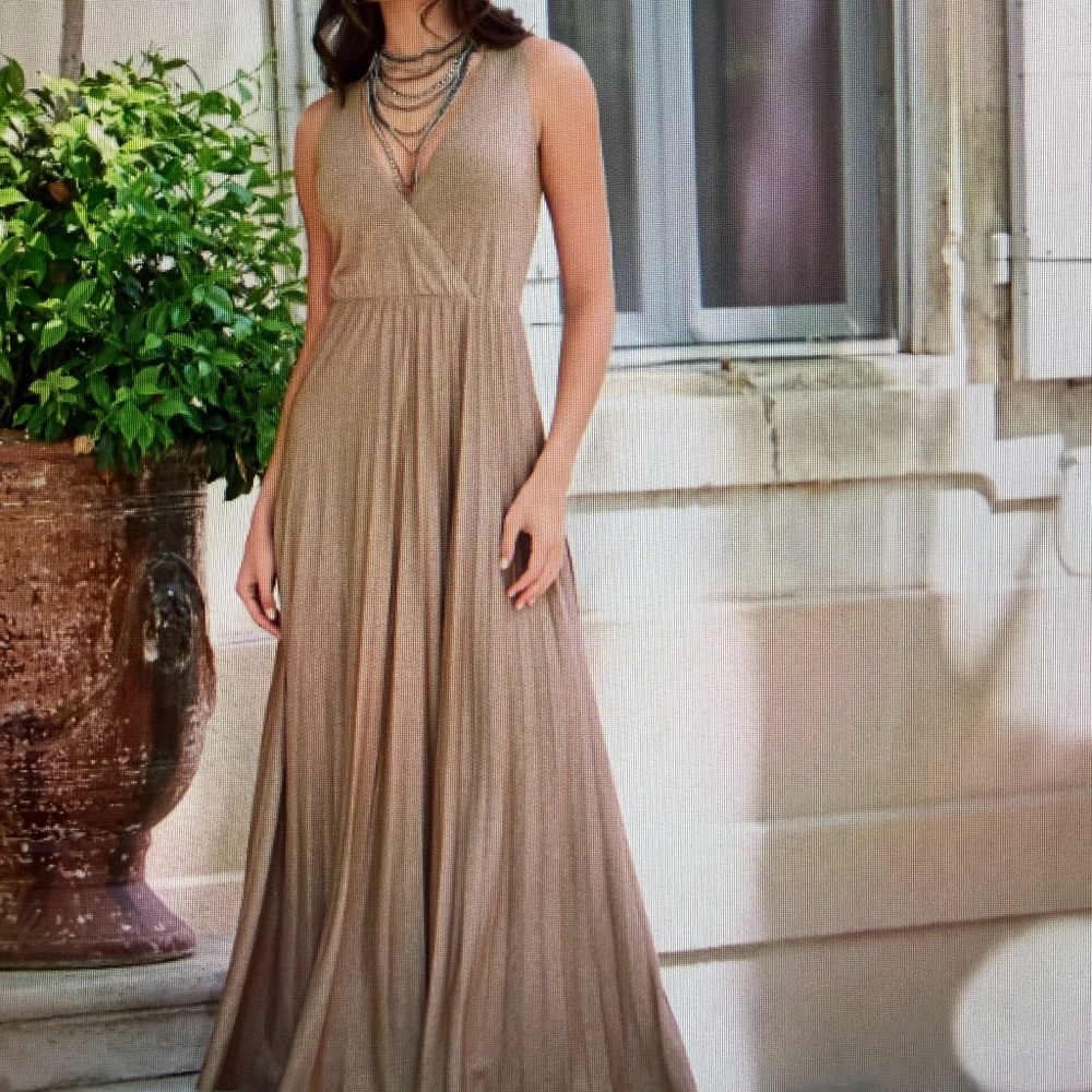Boston Proper V-Neck Tan Maxi Dress